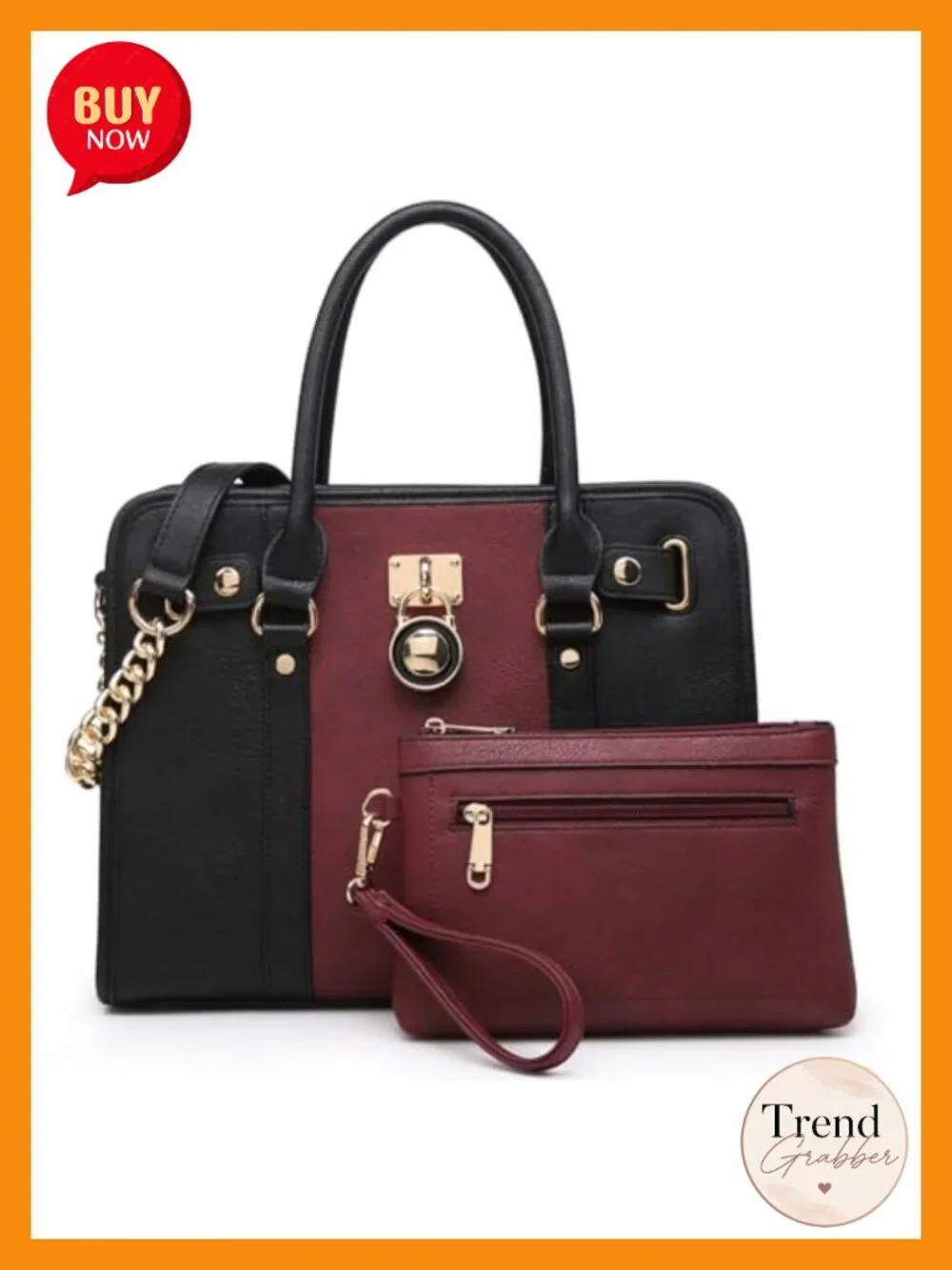 Vegan PU Leather Satchel Handbag Set with Wristlet, Top Handle Tote Shoulder Bag
